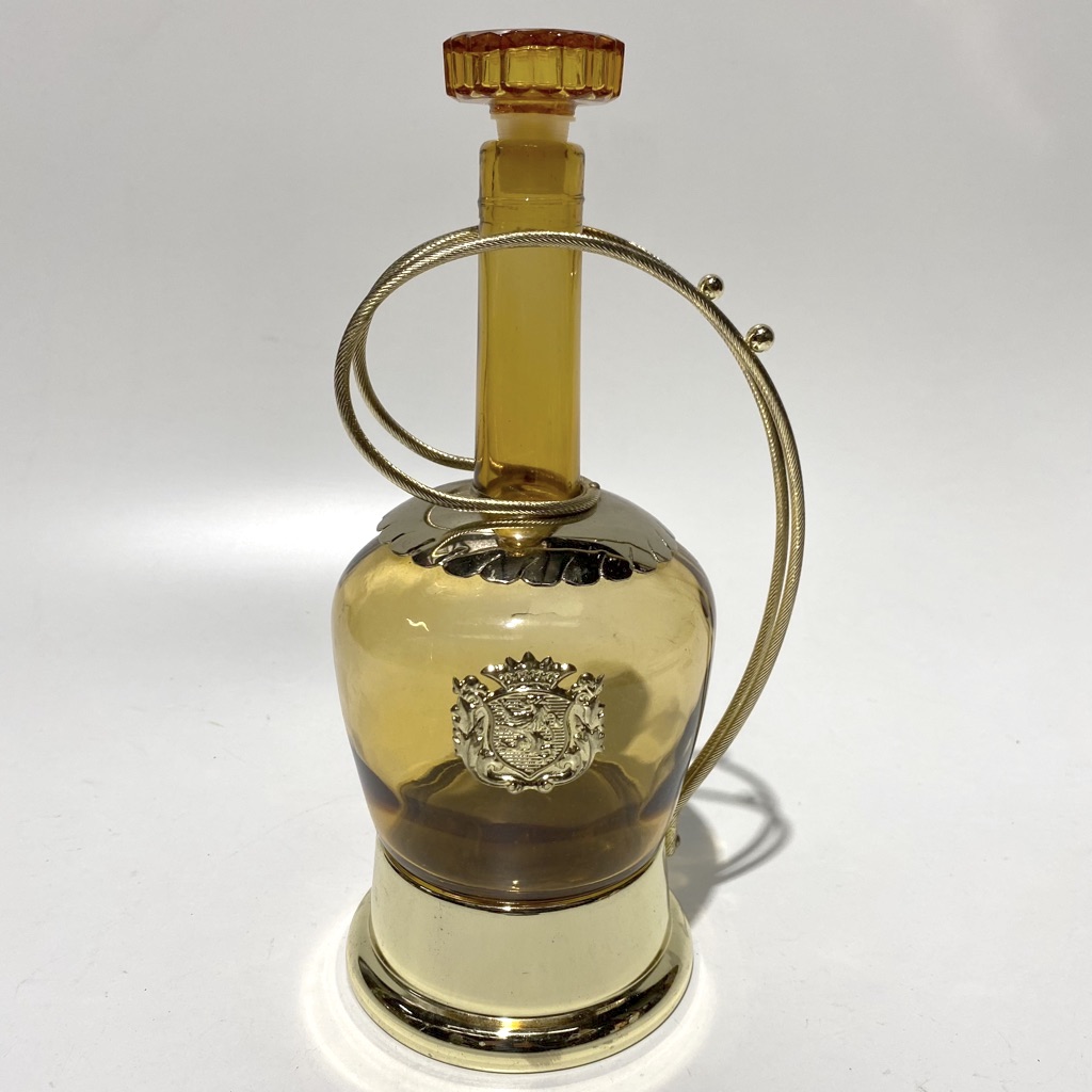DECANTER, 1970s Amber Glass w Brass Handle